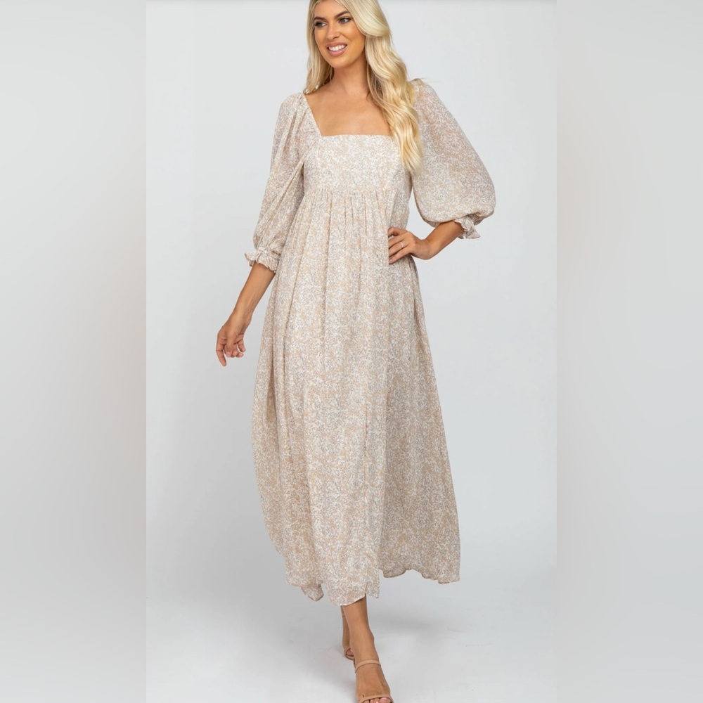 Pinkblush Beige Chiffon Printed Square Neck Empire Maxi Dress